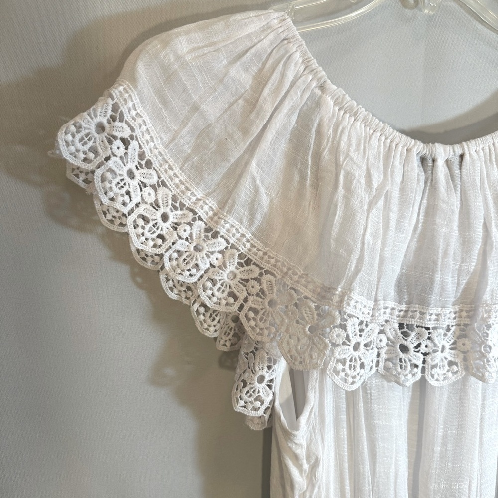 Mille Gabrielle Off The Shoulder Lace Trim Maxi White Dress Belt Lined Size L - Picture 7 of 13